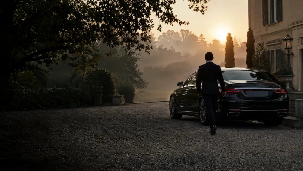 Chauffeur geht im Morgenlicht zu einer Limousine vor einer Villa