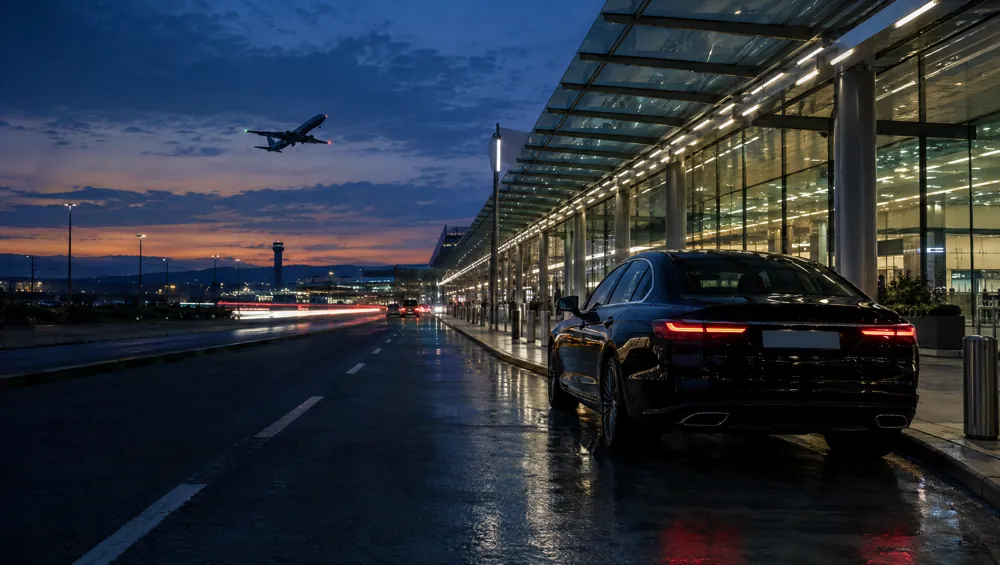 Limousine an der Vorfahrt eines Flughafen-Terminals zur blauen Stunde