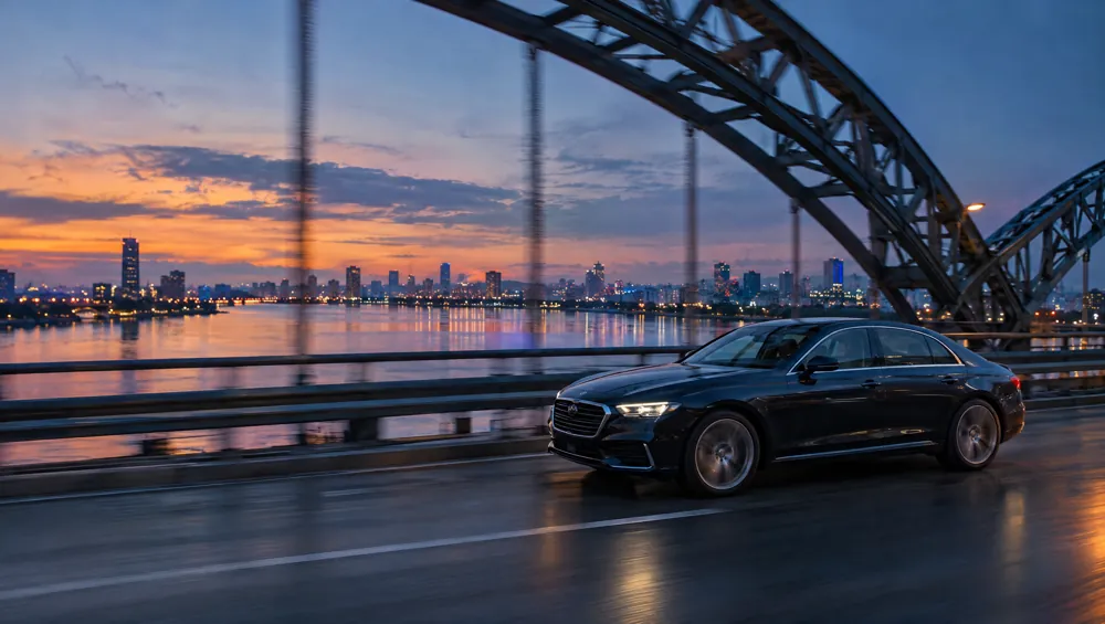 Limousine überquert in der Dämmerung eine Brücke über einen Fluss