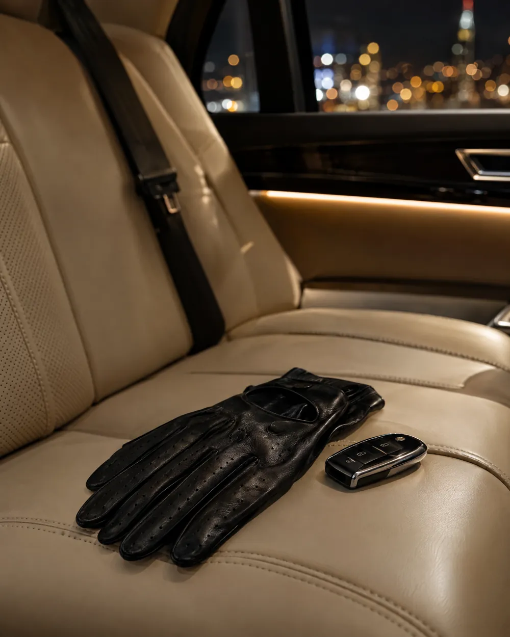 Lederhandschuhe und Autoschlüssel auf dem Ledersitz einer Limousine