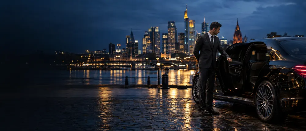 Chauffeur hält die Tür einer schwarzen Limousine vor der Frankfurter Skyline