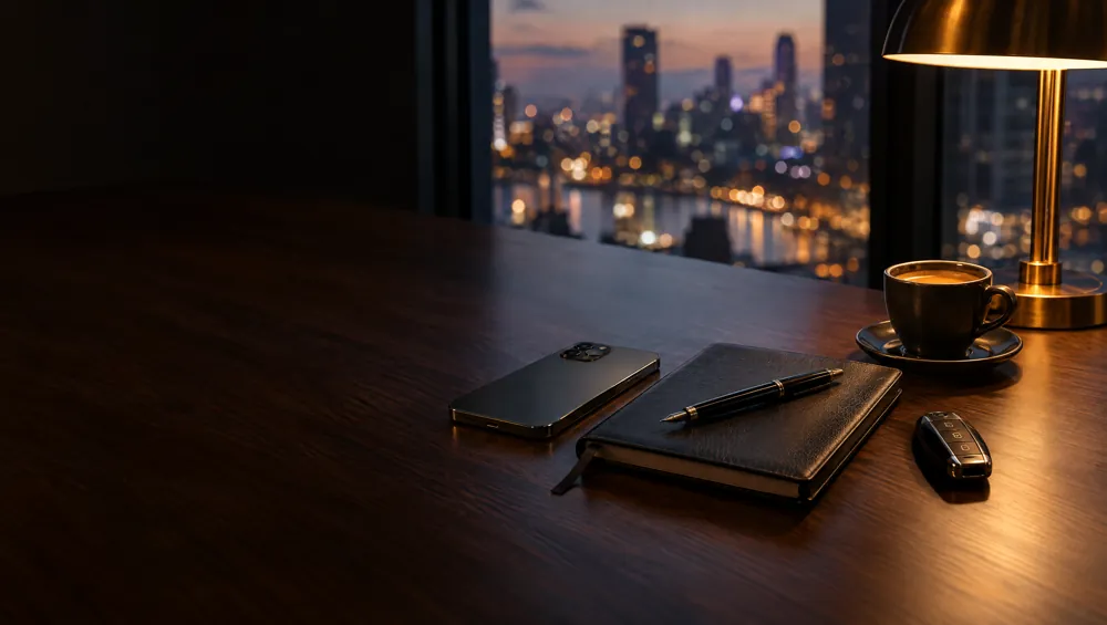 Schreibtisch mit Smartphone, Notizbuch, Autoschlüssel und Espresso am Abend