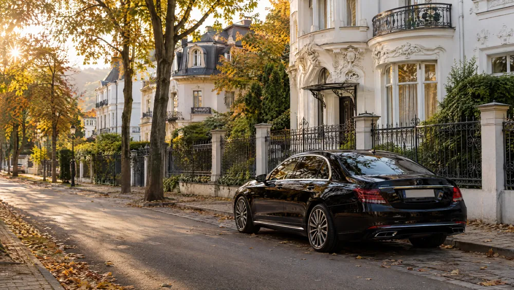 Limousine in einer ruhigen Straße mit historischen Villen im Herbst