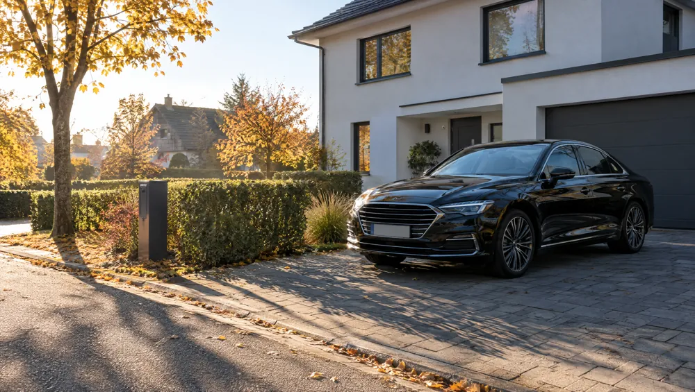 Limousine in der Einfahrt eines modernen Einfamilienhauses im Herbst