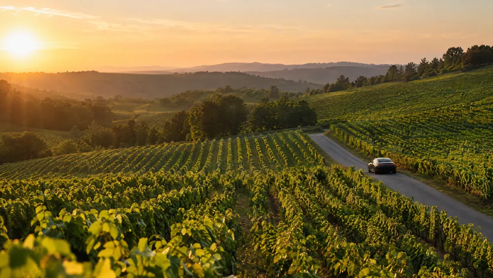 Weinberglandschaft im Abendlicht mit einer Limousine auf dem Weg