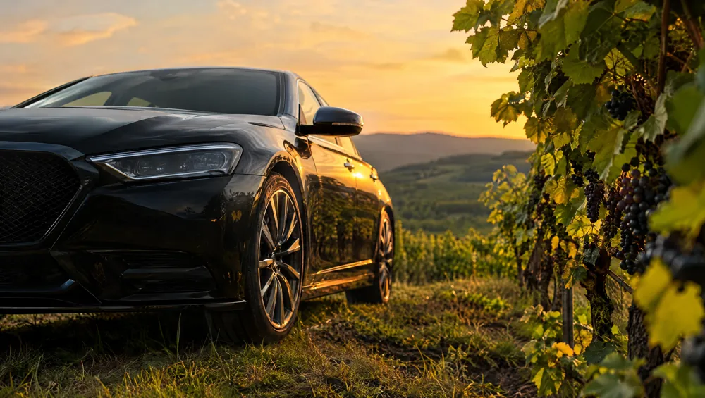 Schwarze Limousine am Rand eines Weinbergs bei Sonnenuntergang